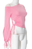 Casual Solid Color Draw String Irregular Oblique Collar Tops