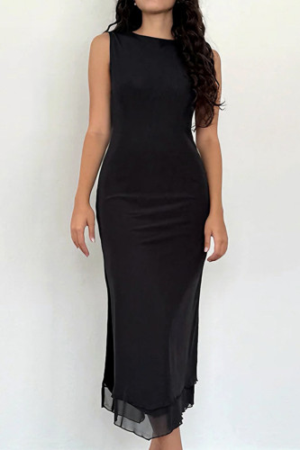 Sexy Solid Color Backless Slit O Neck Sleeveless Dresses