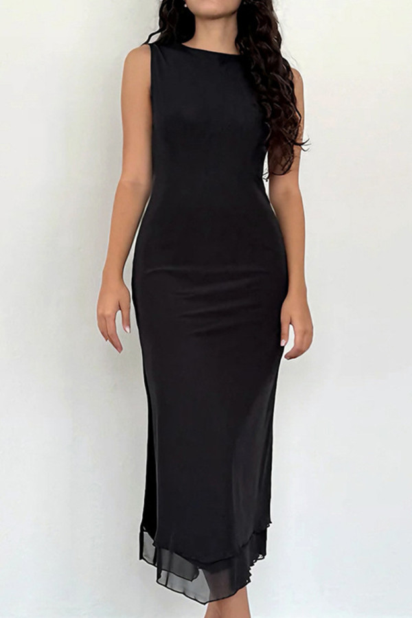 Sexy Solid Color Backless Slit O Neck Sleeveless Dresses