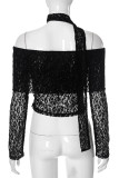 Sexy Solid Color Lace ribbon Off Shoulder Tops