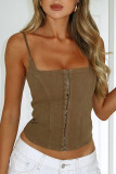 Sexy Solid Color Buckle Square Neck Tops