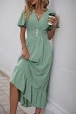 Daily Solid Color Buttons Flounce V Neck A Line Short Sleeve Dress