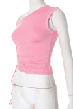 Casual Solid Color Draw String Irregular Oblique Collar Tops
