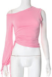 Casual Solid Color Draw String Irregular Oblique Collar Tops