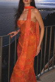 Sexy Floral Print Contrast ribbon Strapless Long Dresses