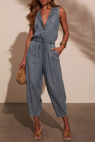 Casual Solid Color Distressed Draw String Pocket Turndown Collar Loose Jumpsuits