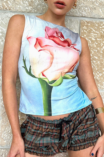 Sexy Flowers Print Lace Up O Neck Tops