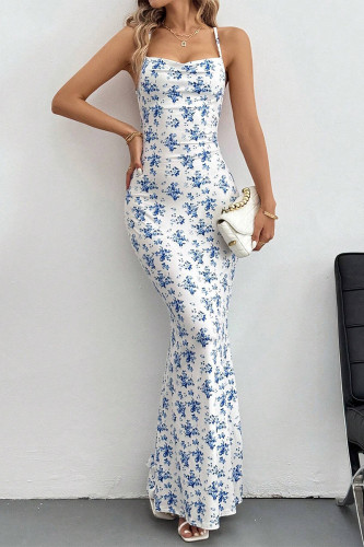 Sexy Floral Print Backless Contrast Long Dresses