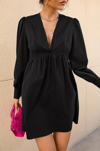 Daily Solid Color Patchwork V Neck Long Sleeve Dresses