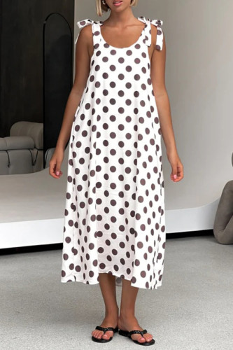 Casual Polka Dot Print Pocket Lace Up Contrast U Neck Sling Dresses