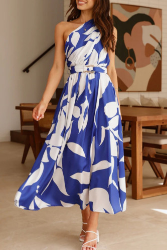 Vacation Elegant Floral Print With Belt Irregular Sloping Shoulder Printed Dresses