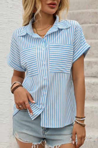 Casual Stripe Pocket Patchwork Turndown Collar Tops