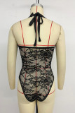 Sexy Solid Color Lace Lace Up Halter Skinny Bodysuits