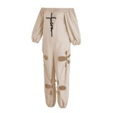 Loose Fit Hollow Out Casual Long Sleeve Off Shoulder Jumpsuit with Pockets