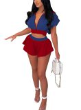 Fashion Casual Solid Basic Zipper Collar Short Sleeve Two Pieces