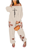Loose Fit Hollow Out Casual Long Sleeve Off Shoulder Jumpsuit with Pockets