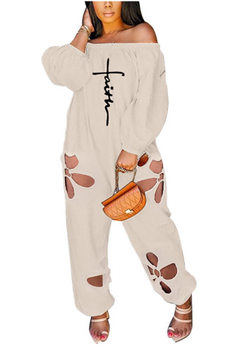 Loose Fit Hollow Out Casual Long Sleeve Off Shoulder Jumpsuit with Pockets