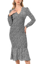 Womens Puff Sleeve Floral Midi Bodycon Dresses