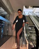 Womens Sexy Dress Ruched Slit Drawstring Scoop Neck Bodycon