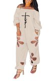 Loose Fit Hollow Out Casual Long Sleeve Off Shoulder Jumpsuit with Pockets