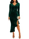 Long Sleeve Sexy V Neck Velvet Dresses