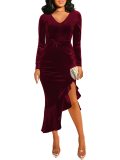 Long Sleeve Sexy V Neck Velvet Dresses