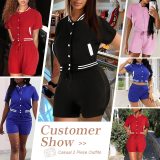 2 Piece Sets Cute Baseball Short Sleeve for Women